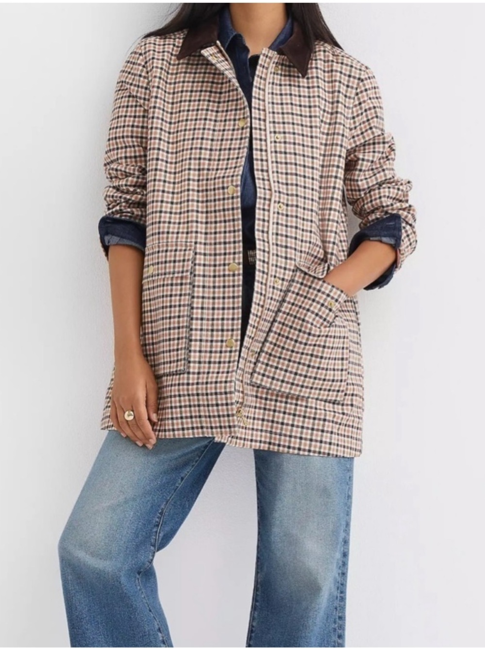 NEW- LOFT Plaid Barn Coat with Dark Contrast Collar - Beige/Navy/Brown NWOT